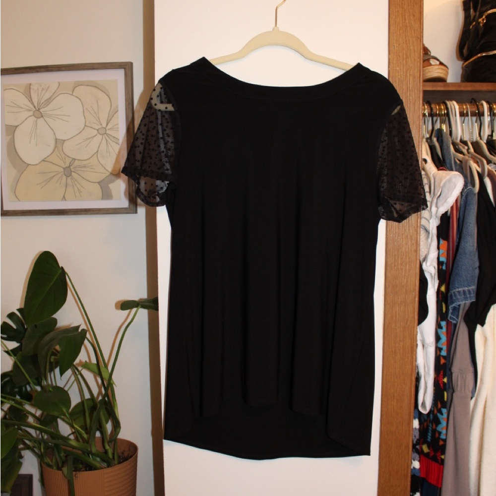 Anne Klein Elegant Black Women's Top with Sheer Polka Dot Sleeves